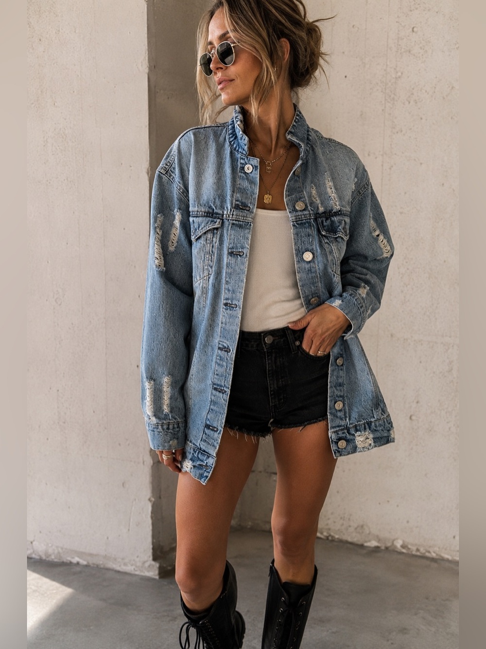 Distressed Oversized Light Wash Denim Jacket Longline Trucker Grunge